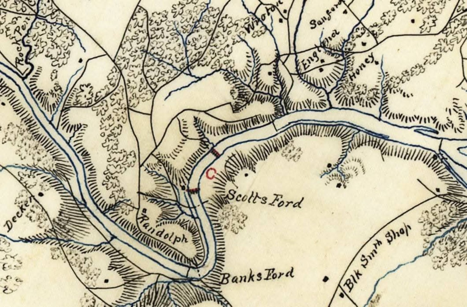 Historic map showing Banks Ford and Scott’s Ford along the Rappahannock River.