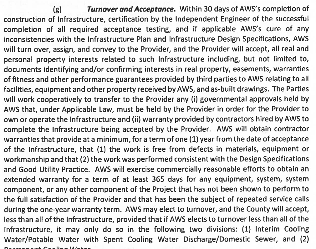 Scanned agreement excerpt: Opening passage of Section 1.1(g): transfer to the county after acceptance requirements.