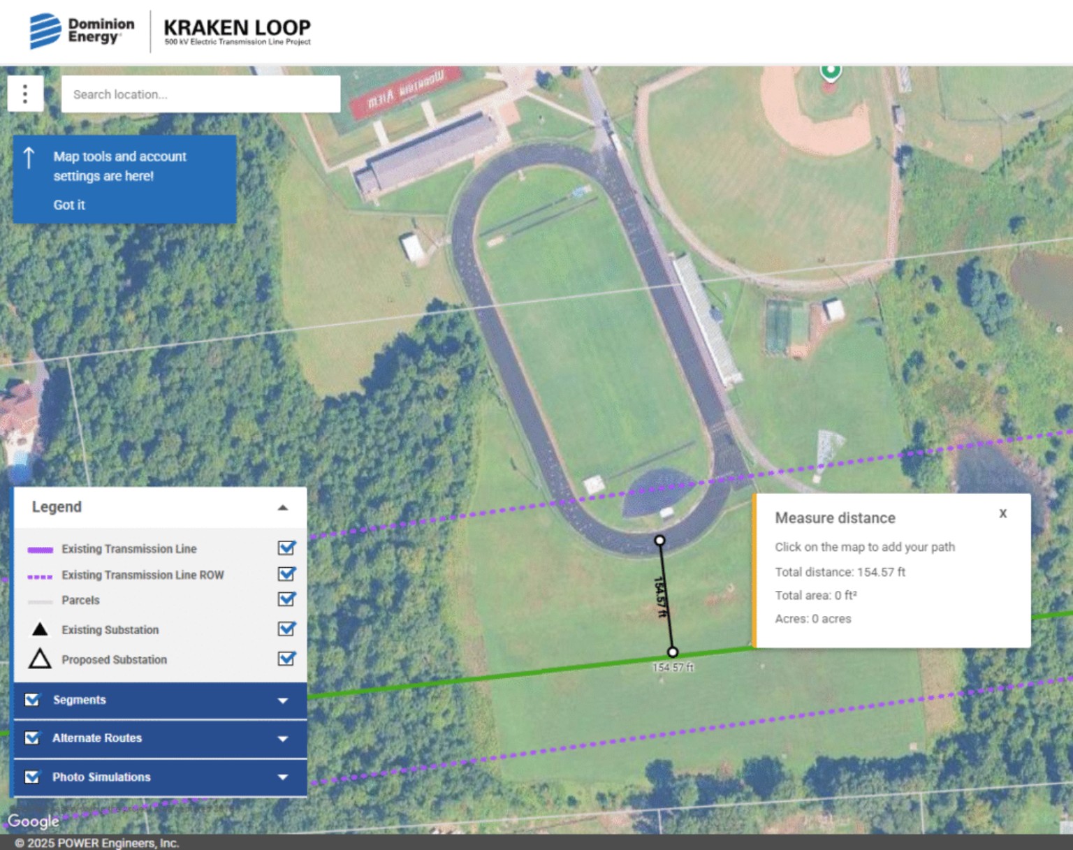 Dominion GeoVoice map screenshot measuring about 154.57 feet from a studied route line to the Mountain View High School track