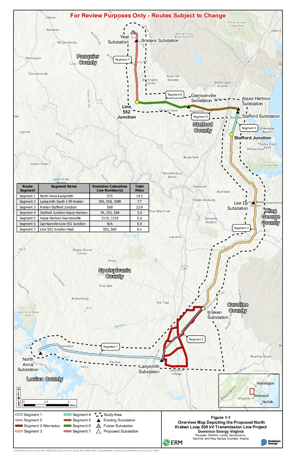 Dominion Energy overview map of the proposed North Anna–Thornburg–Bristers transmission projects