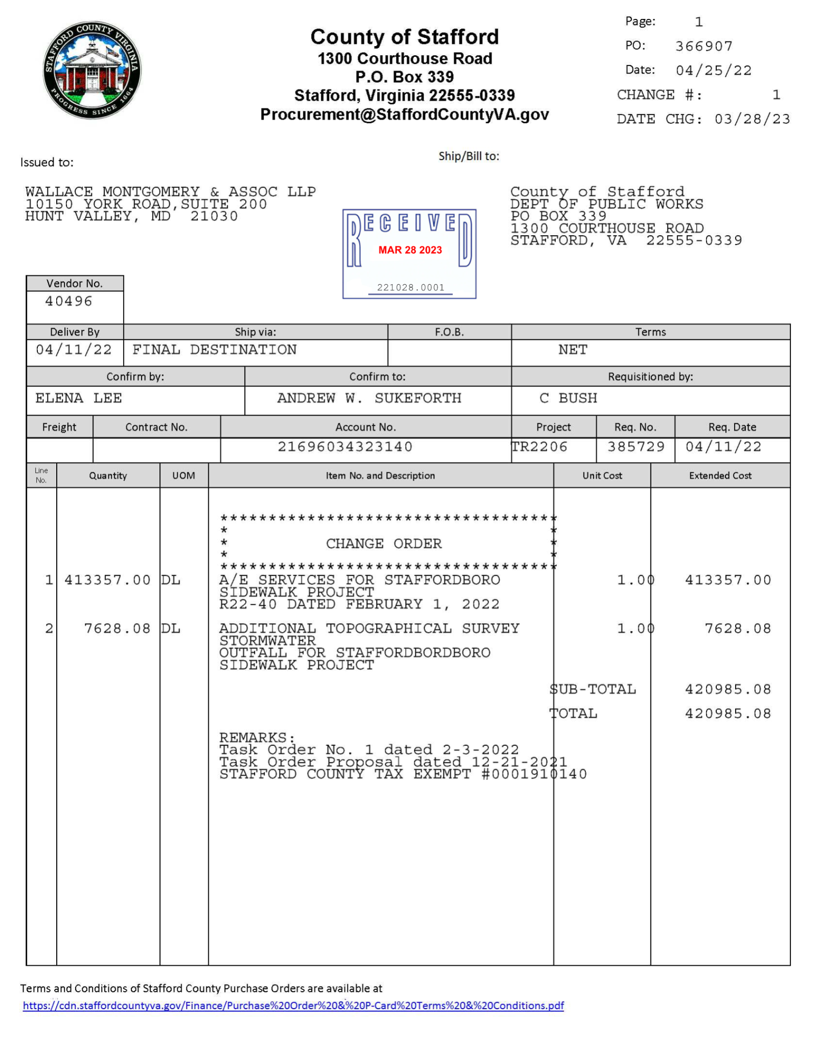 Stafford County purchase-order record showing the $7,628.08 engineering change order