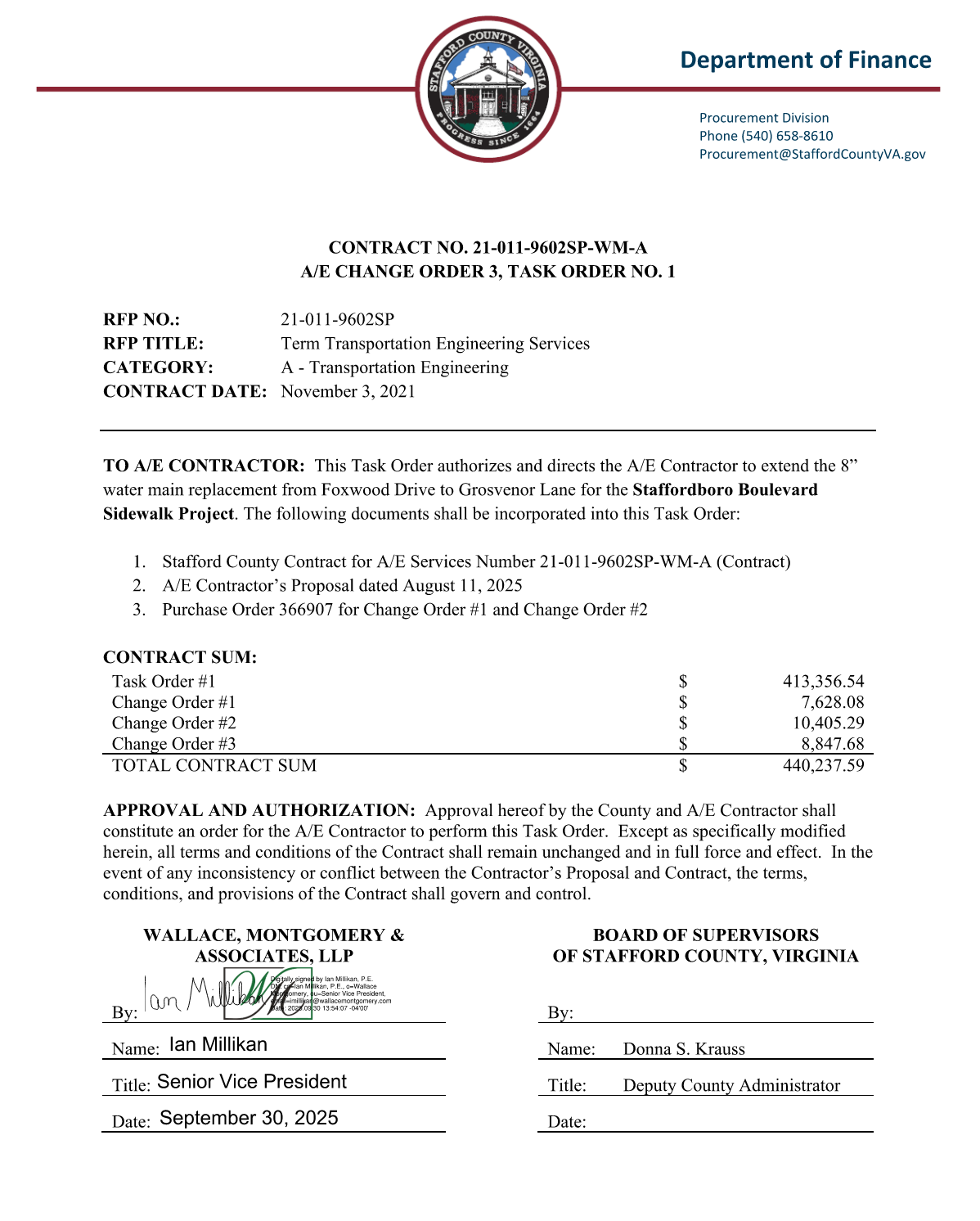 Stafford County engineering Change Order 3 for the Staffordboro Boulevard Sidewalk Project